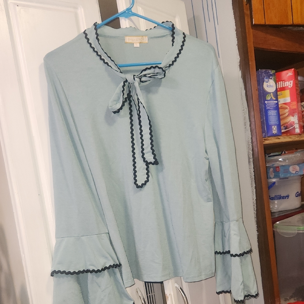 Elegant Blue Ruffle Trim Blouse